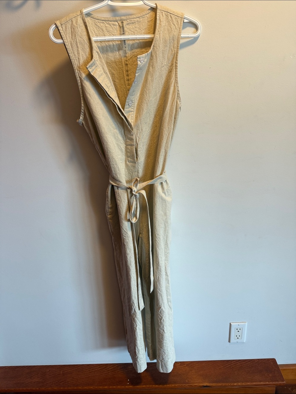 Linen Sleeveless Tie-Waist Jumpsuit in Light Beige - made in Canada